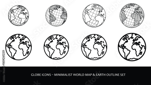 Eight minimalist globe icons showcasing a world map in various styles including shaded grey outlined globes and black outlined globes with