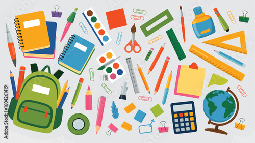 Flat vector illustration assorted colorful school supplies including notebooks pencils crayons rulers paint sets backpack globe calculator and