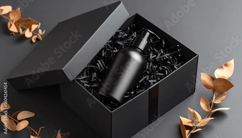 Black Skincare Bottle with Pump in Rigid Box and Japandi Vase Setup