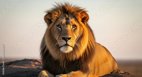 Majestic Lion Portrait  Golden Light  Intense Gaze  King of Beasts.