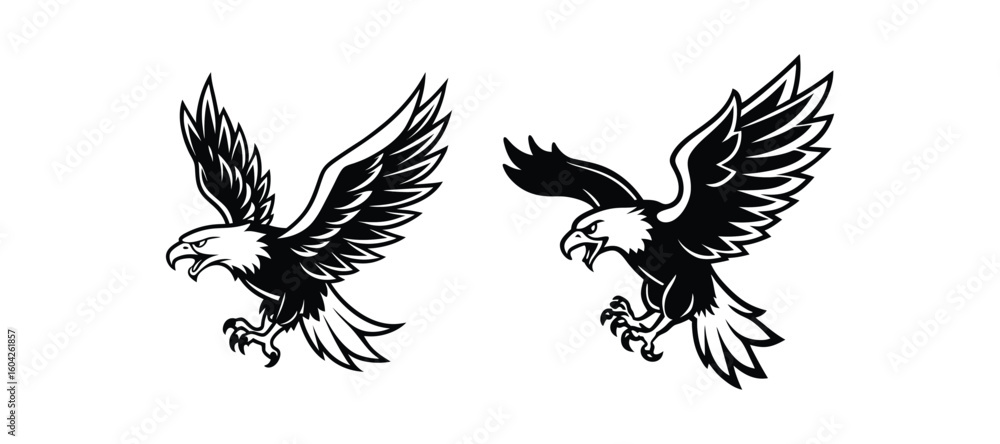 Obraz premium Flying Bald Eagle Silhouette Vector – Aggressive Bird of Prey Illustration
