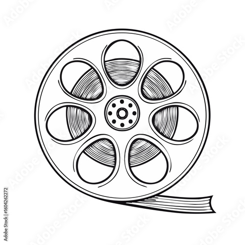 Film Reel Illustration, Vintage Movie, White Line Art on Black Background