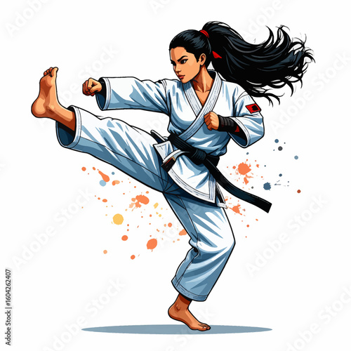 Female karateka executing a powerful high kick, vibrant illustration style.