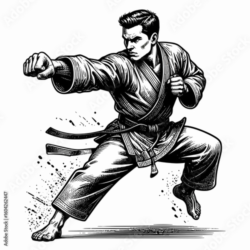 A determined martial artist executing a powerful punch during a karate demonstration.