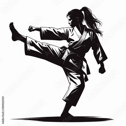 A young woman in a karate uniform executes a powerful high kick.