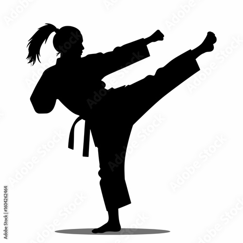 Powerful female martial artist executing a high kick, demonstrating strength and agility in a dynamic silhouette.