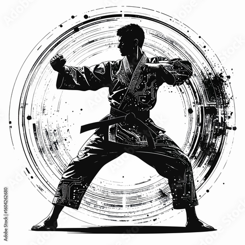 A silhouette of a man in a karate gi, performing a martial arts stance with a circular, abstract background.