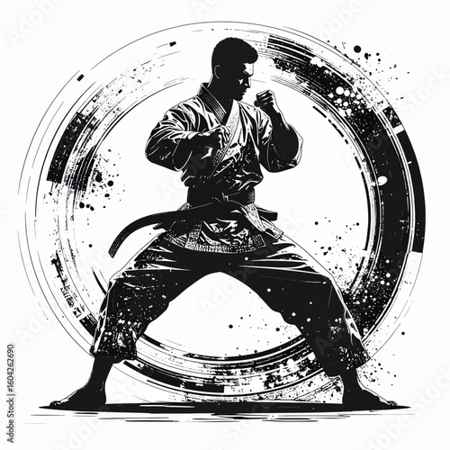 Silhouette of a karateka in a dynamic fighting stance, surrounded by abstract artistic elements.