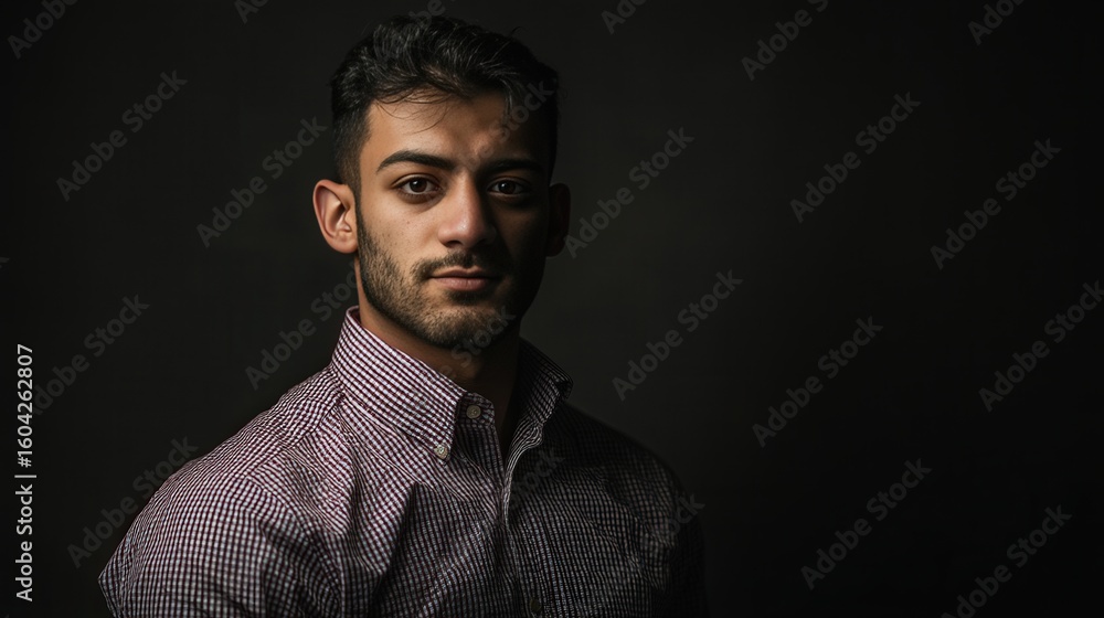 Fototapeta premium Portrait of a Confident Young Man in a Dark Setting with Dramatic Lighting