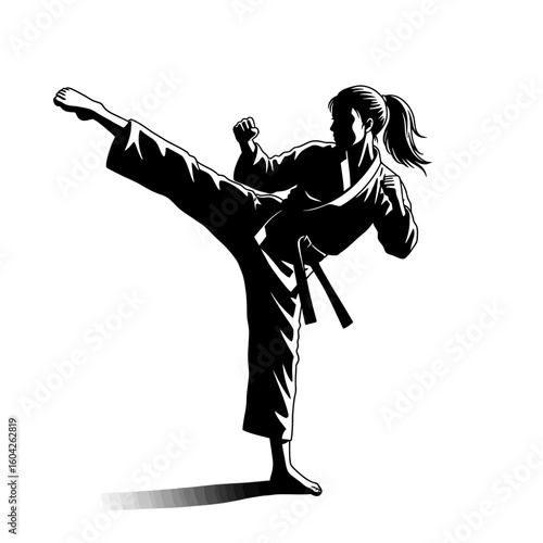 Powerful female martial artist executing a high kick, demonstrating strength and discipline in a dynamic pose.