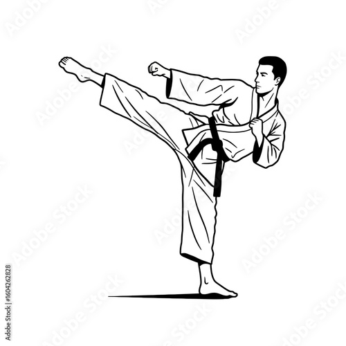 A black and white illustration of a karate practitioner executing a high kick.
