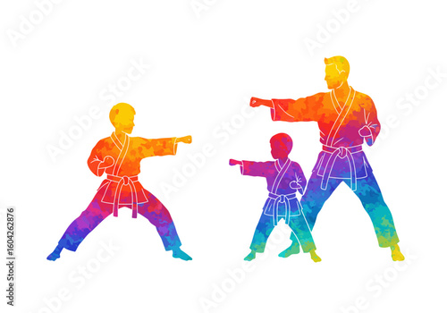 Colorful silhouette illustration of a karate instructor and two students practicing a punch.