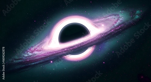 A galaxy with a black hole in its center is illuminated by the light of stars around it.