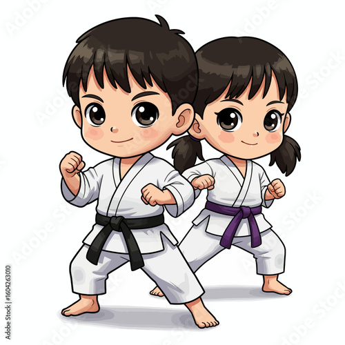 Cartoon illustration of a young boy and girl in karate uniforms, striking a fighting pose, ready for martial arts training.