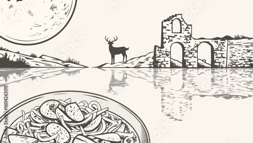 Illustration showing a deer standing near a lake with ruins and a plate of food under a full moon silhouette