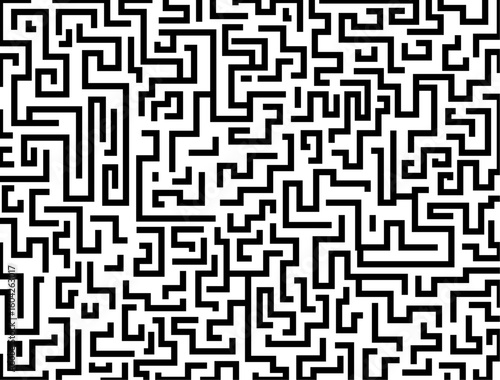 Minimalist abstract maze background featuring a clean geometric labyrinth design in black and white. Ideal for puzzle themes, mind games, modern tech layouts, or conceptual backgrounds in digital and 