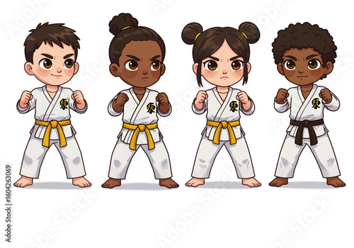 Four adorable children in karate uniforms, ready to fight, showcasing diverse ethnicities.