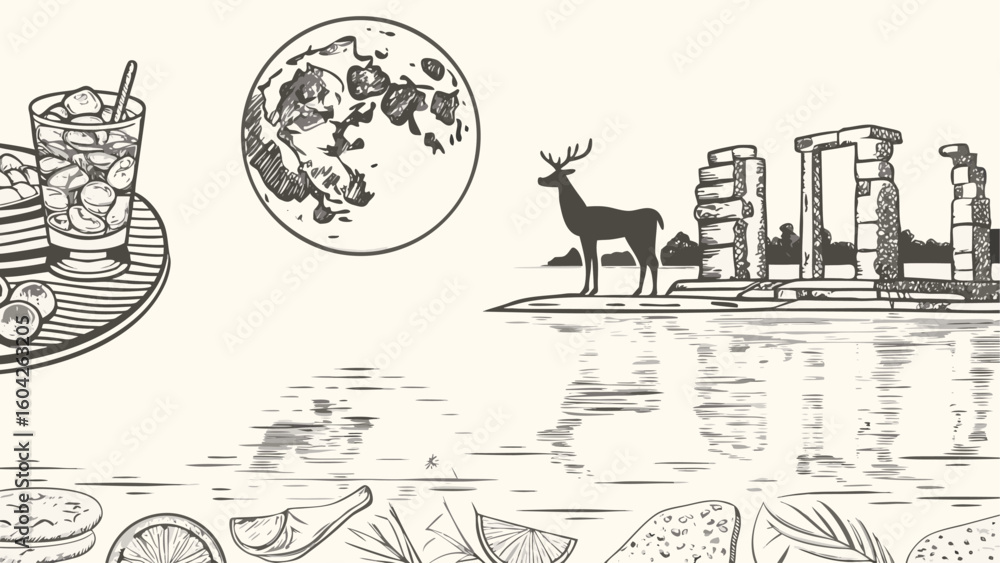 Fototapeta premium Illustration of a cocktail, moon, deer, stonehenge, and various food items in a whimsical setting silhouette