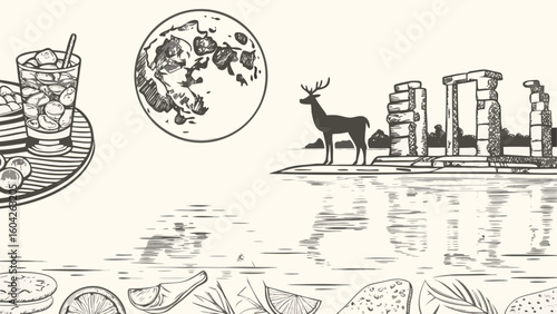 Illustration of a cocktail, moon, deer, stonehenge, and various food items in a whimsical setting silhouette