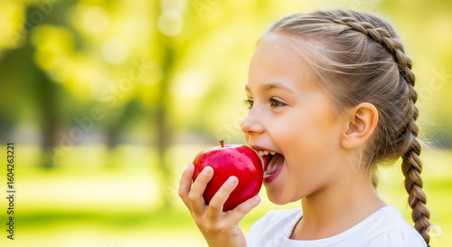 girl with apple. Smiling young girl with braided hair about to bite a red apple in a sunny park. Healthy lifestyle and childhood nutrition concept. 