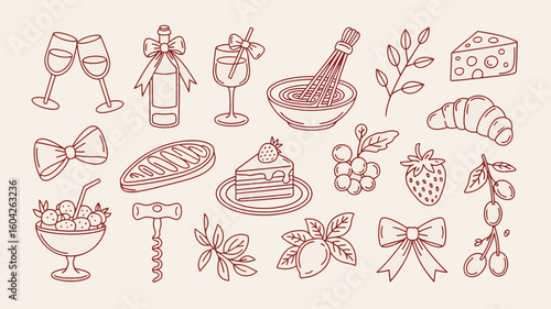 Red Monochrome Line Art Illustration Featuring Food Wine and Accessories A Collection of Drawings Including Wine Glasses Bottle Bowties Cake