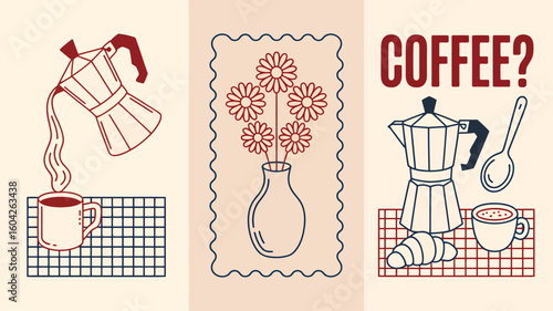 Retro Minimalist Triptych Illustration Featuring Coffee Pot Pouring Coffee into Mug Flower Vase and Coffee Cup with Croissant