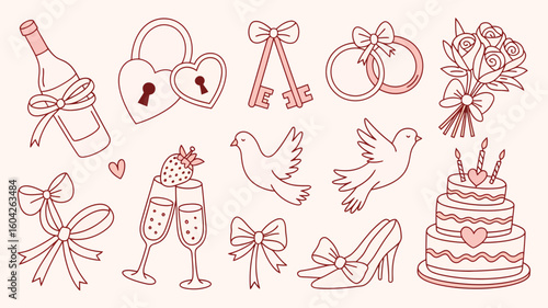 Romantic Wedding Doodle Illustration Set Featuring Pink and Red Line Art of Wine Bottle Champagne Flutes Wedding Cake Doves Keys Rings Roses