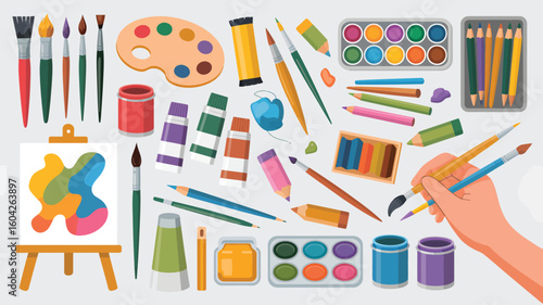 Colorful Art Supplies Flat Vector Illustration Featuring Paintbrushes Paints Pencils Colored Pencils Watercolors Crayons and a Hand Holding