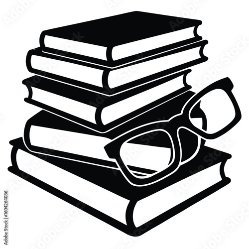 Clean silhouette of stacked books and eyeglasses on a white background ideal for educational or literary themes