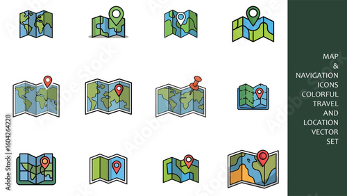 Colorful Folded Map Icons Set World Map Navigation Location Pin Push Pin Travel Guidebook Vector Illustration Pack 20