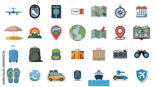 Colorful Travel Icons Set Airplane Passport Ticket Map Compass Calendar Beach Umbrella Mountains Location Globe Hotel Camera Binoculars