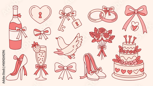 Coral Pink Romantic Wedding Doodle Set Featuring Champagne Flute Strawberry Bride Shoes Wedding Cake Dove Key Lock Rings and Bows