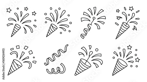 Eight Black and White Line Art Illustrations of Party Poppers Exploding with Confetti and Streamers 1