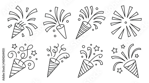 Eight Black and White Line Art Illustrations of Party Poppers Exploding with Confetti and Streamers Stars and Swirls