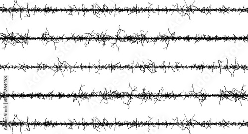 black and white border, A black and white vector design featuring silhouettes of grass against a grunge background, framed by a sharp, barbed wire border