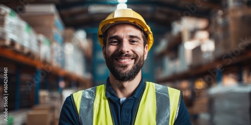 The smiling worker in a safety helmet standing confidently in a warehouse.