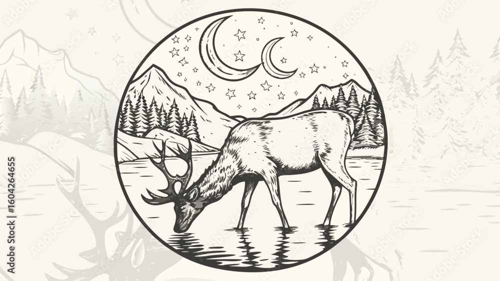 Fototapeta premium Illustration of a deer drinking water in a lake with mountains, trees, moons and stars in the background silhouette