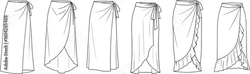 Sarong skirt fashion flat, beach wrap skirt, pareo skirt template, vector sewing pattern, technical sketch, apparel design