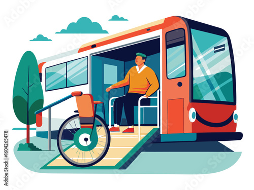 Man in wheelchair boarding accessible bus vector