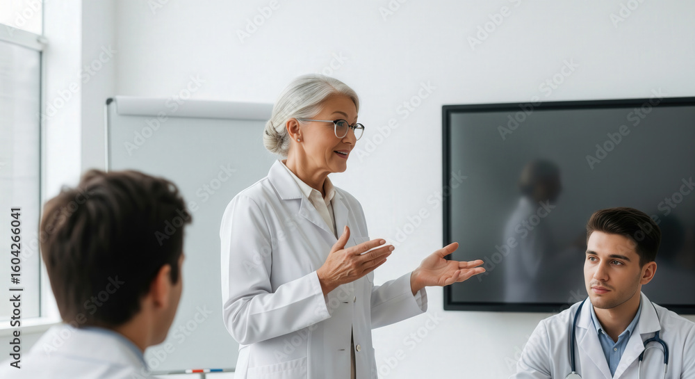 Obraz premium Elderly female doctor giving a presentation to younger doctors in a modern hospital meeting room, promoting medical education and teamwork.