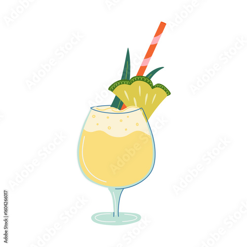 Sweet Pina Colada Cocktail with pineapple slice. Glass with beverage and straw. Cool Summer lemonade. Alcohol drink made from white rum. Hand drawn flat design vector illustration.
