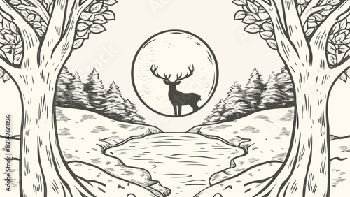 Illustration of a deer in a circle framed by trees and pine trees near a pond in black and white style silhouette