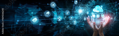 Foto Cloud architect holding global network and cloud computing systems, virtualization infrastructure SaaS PaaS scalability automation storage deployment integration data services