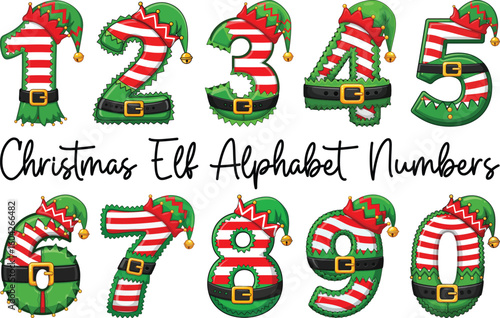 Christmas Elf Numbers – Festive Green and Red Striped Number Set with Elf Hats and Belts for Holiday Crafts and Decorations