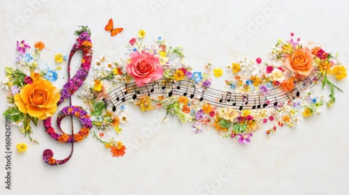 Treble clef made of flowers with music notes