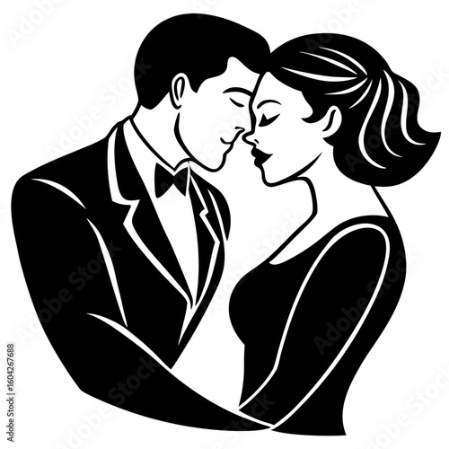 Black vector silhouette illustration of a romantic couple's passionate kiss, perfect for themes of love, family, and wedding
