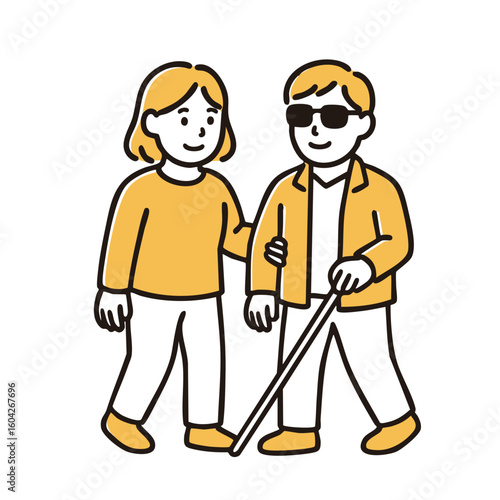 Woman assisting blind man with cane, minimal line art illustration