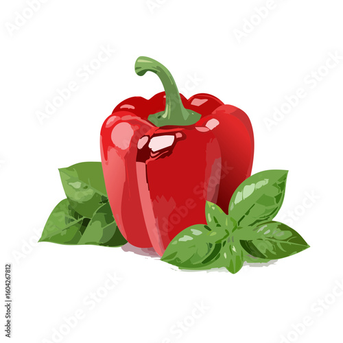 Illustration of a Red Bell Pepper and Fresh Basil on a Black Background
