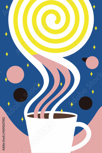 Modern conceptual vector illustration of a coffee cup emitting steam that forms a spiral galaxy with planets floating into cosmic space, blending everyday objects with astronomical concepts  
