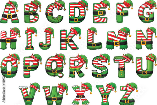 Christmas Elf Alphabet Letters A to Z– Festive Green and Red Striped Font with Elf Hats and Belts for Holiday Crafts and Decorations